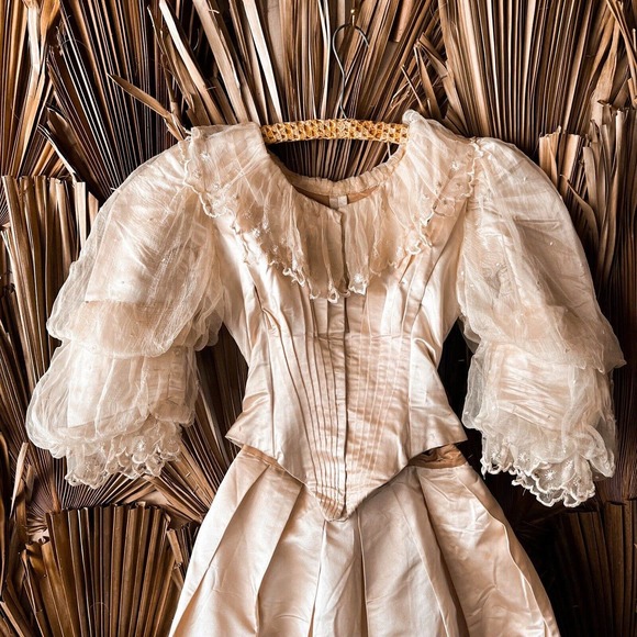 Vintage Dresses & Skirts - Antique 1830's Silk :Couture Wedding Gown Double Puff Sleeve Corset Bodice XXS